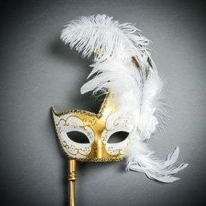 Gold White Feather Women Masquerade Stick Mask Women Wedding Party Mask